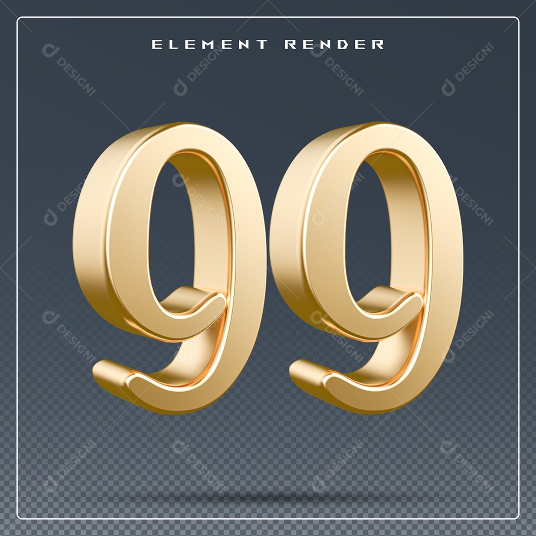 Elemento 3D Número 99  Dourado para Composição PSD