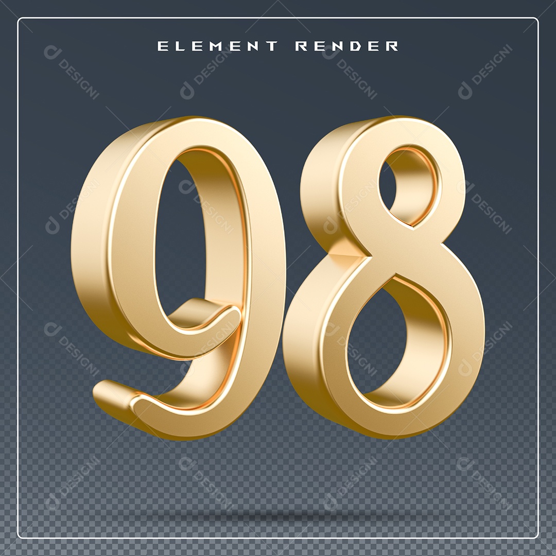 Elemento 3D Número 98 Dourado para Composição PSD