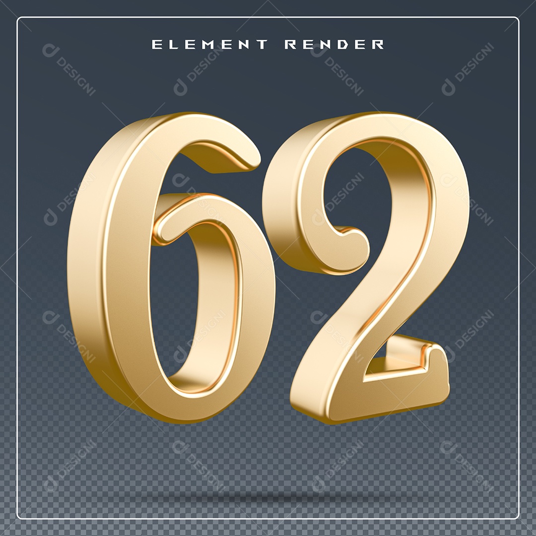 Elemento 3D Número 62  Dourado para Composição PSD