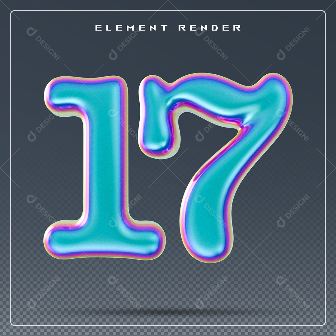 Elemento 3D Número 17 Azul para Composição PSD