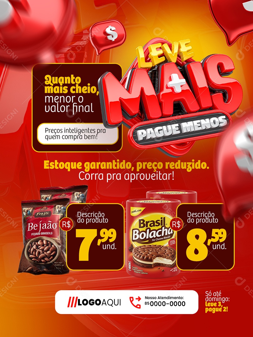 Leve Mais Pague Menos Supermercado Preço Reduzido Social Media PSD Editável