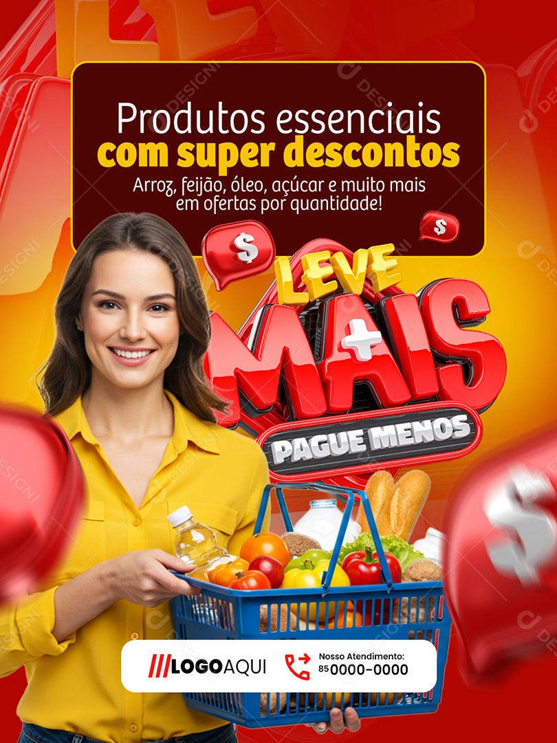 Leve Mais Pague Menos Supermercado Produtos Essenciais Social Media PSD Editável