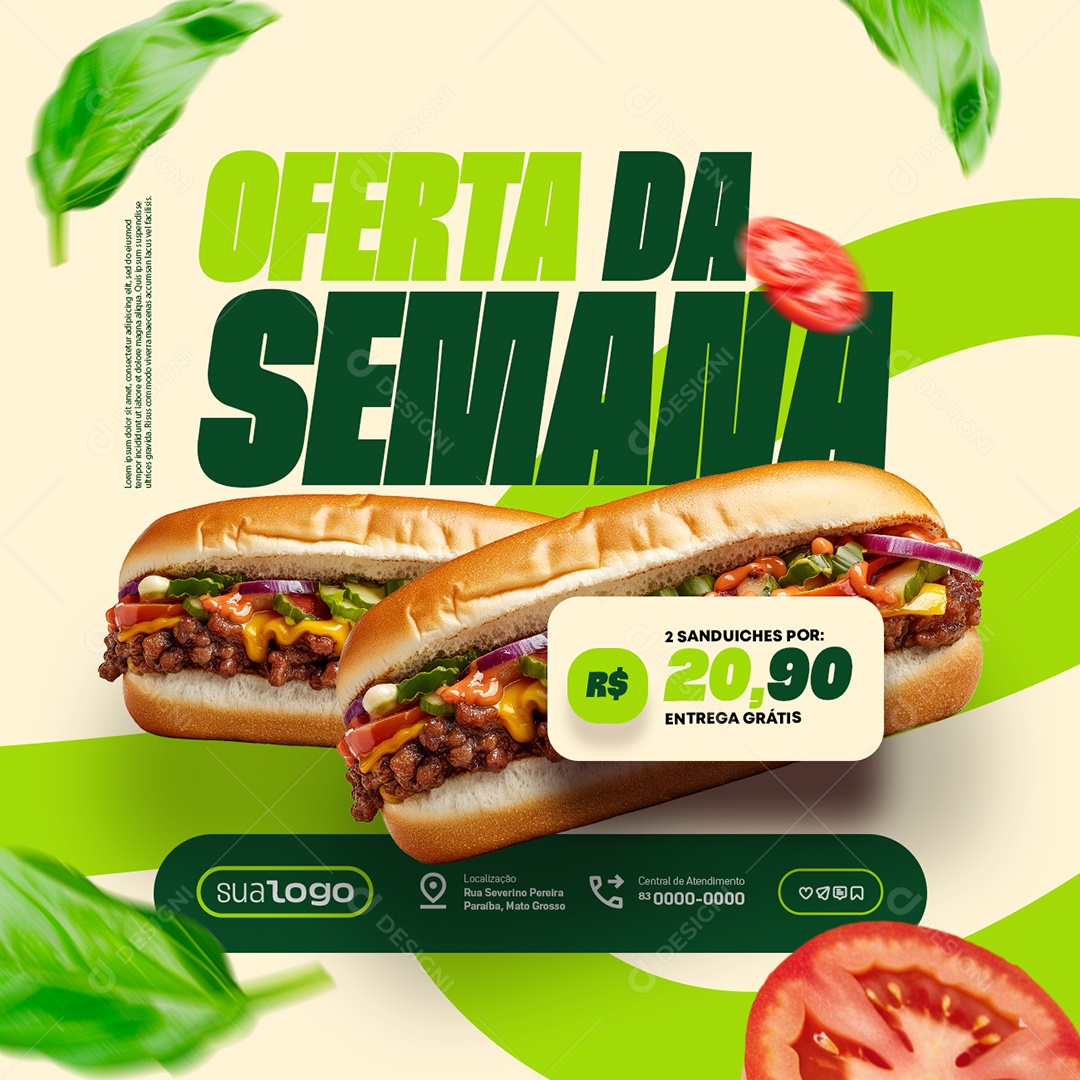 Comidas Ofertas Oferta da Semana Dois Sanduiches Entrega Grátis Social Media PSD Editável