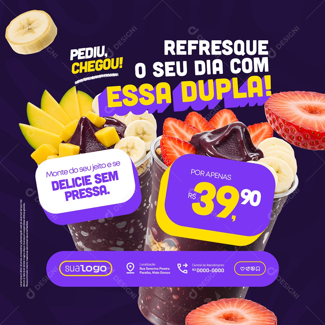 Comidas Ofertas Açaí Pediu Chegou Social Media PSD Editável