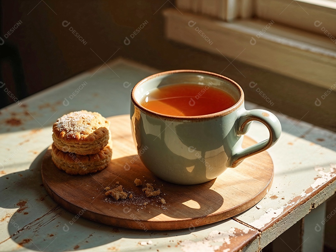 Imagem retrata um momento tranquilo, com uma xícara de chá ou infusão e um bolinho em uma tábua de madeira