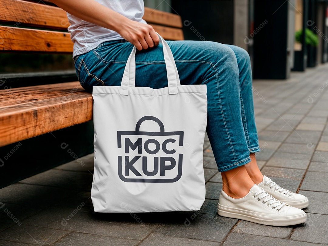 Mockup de Ecobag em Banco de Madeira PSD Editável