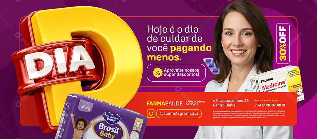 Banner Dia D Nosso Farmácia Aproveite Nossos Super Descontos Social Media PSD Editável