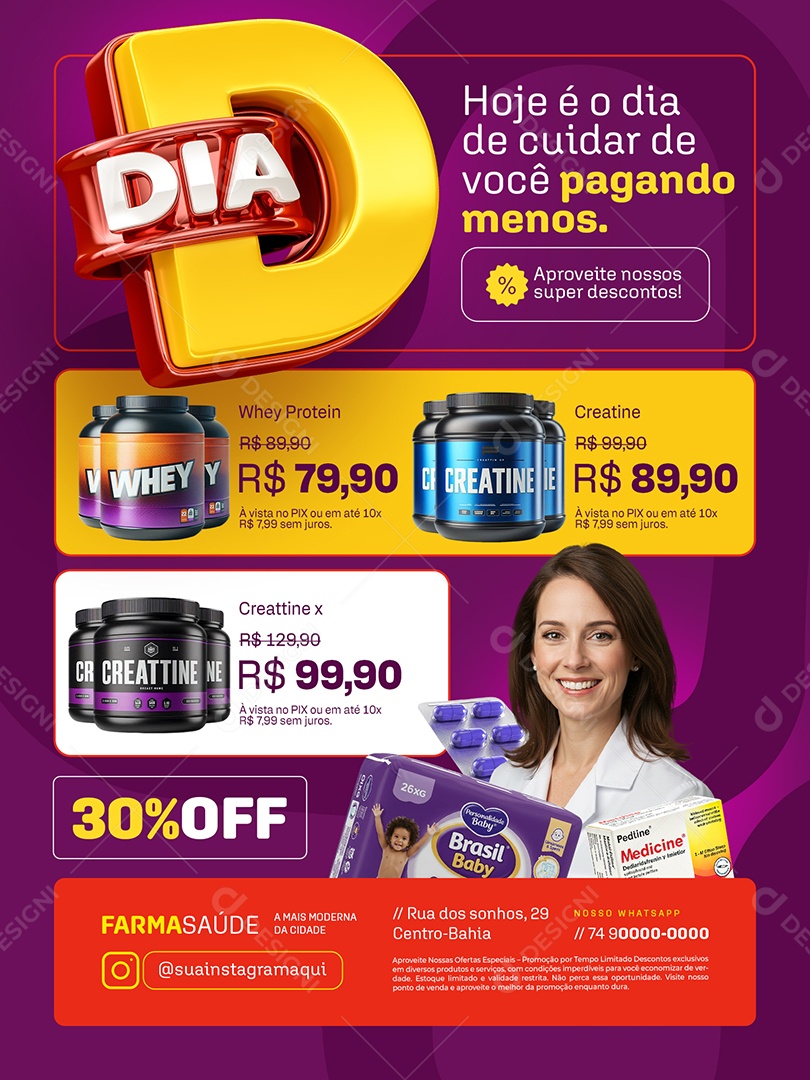 Dia D Nosso Farmácia Encarte Whey Protein Creatine Social Media PSD Editável
