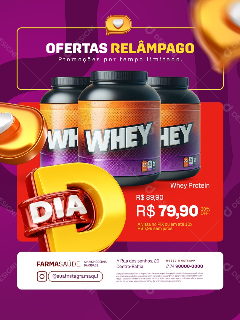 Dia D Nosso Farmácia Ofertas Relâmpago Whey Protein Social Media PSD Editável