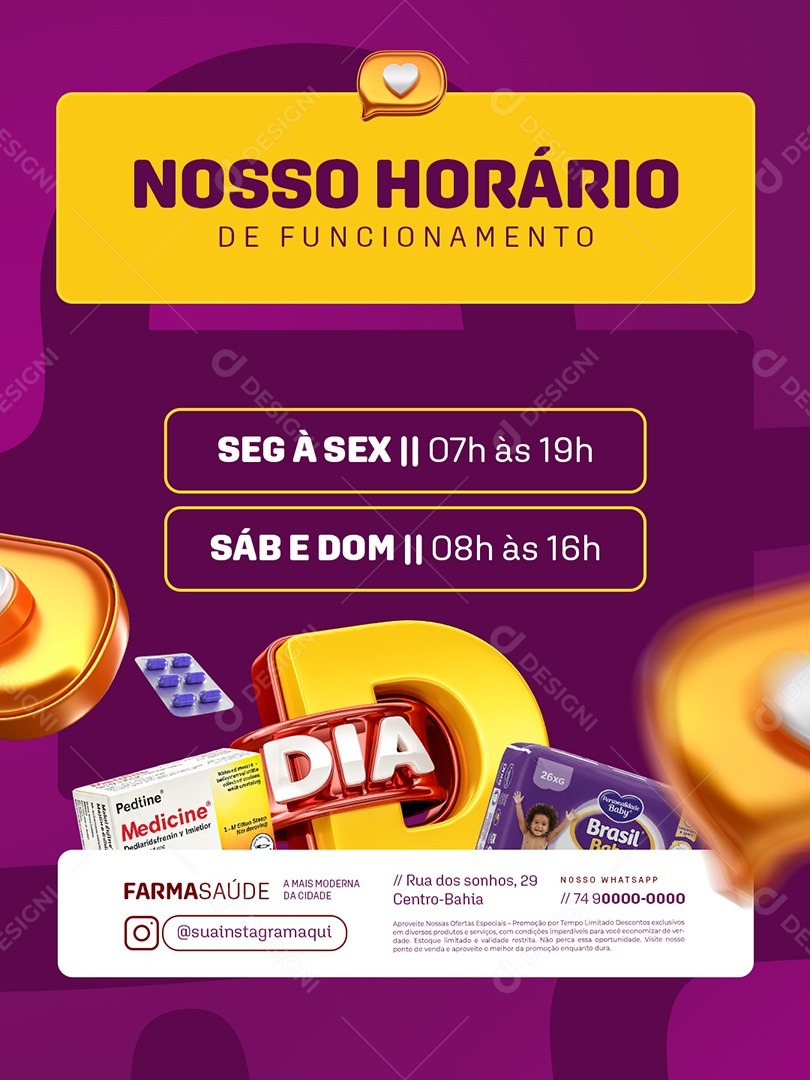 Dia D Nosso Farmácia Horário de Funcionamento Social Media PSD Editável