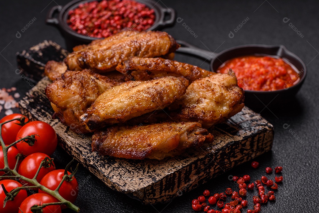 Asas de frango assadas saborosas em uma mesa de concreto