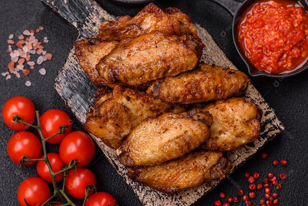 Asas de frango assadas saborosas em uma mesa de concreto