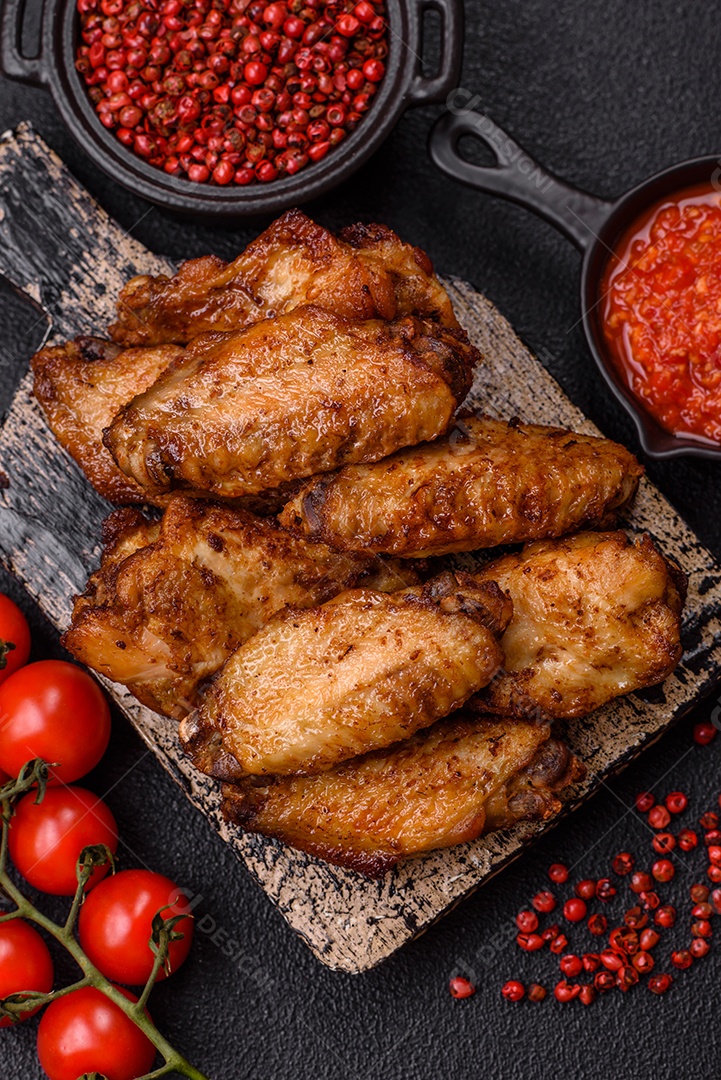 Asas de frango assadas saborosas em uma mesa de concreto