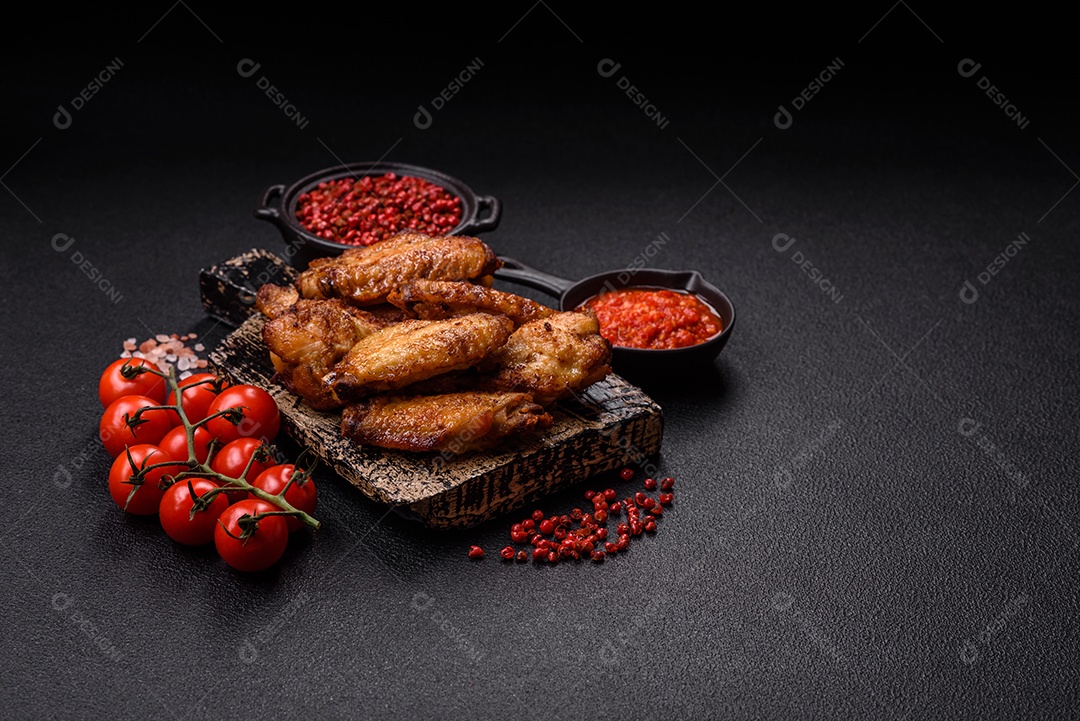 Asas de frango assadas saborosas em uma mesa de concreto
