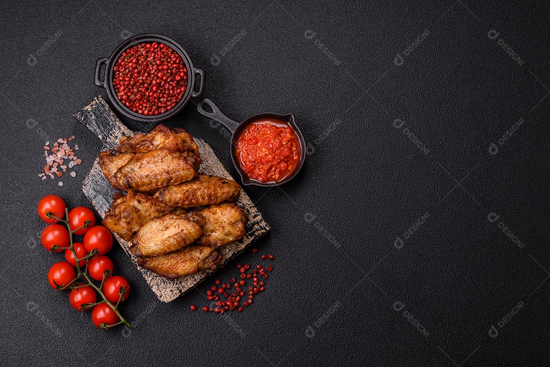 Asas de frango assadas saborosas em uma mesa de concreto