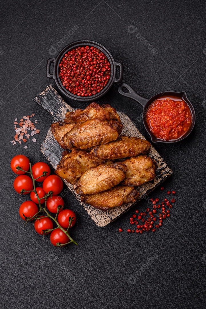 Asas de frango assadas saborosas em uma mesa de concreto