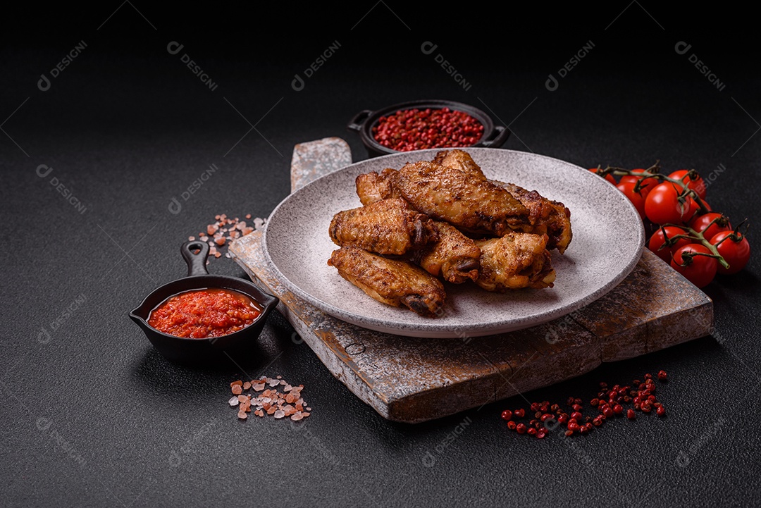 Asas de frango assadas saborosas em uma mesa de concreto