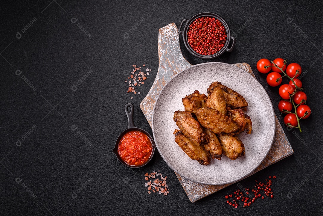 Asas de frango assadas saborosas em uma mesa de concreto