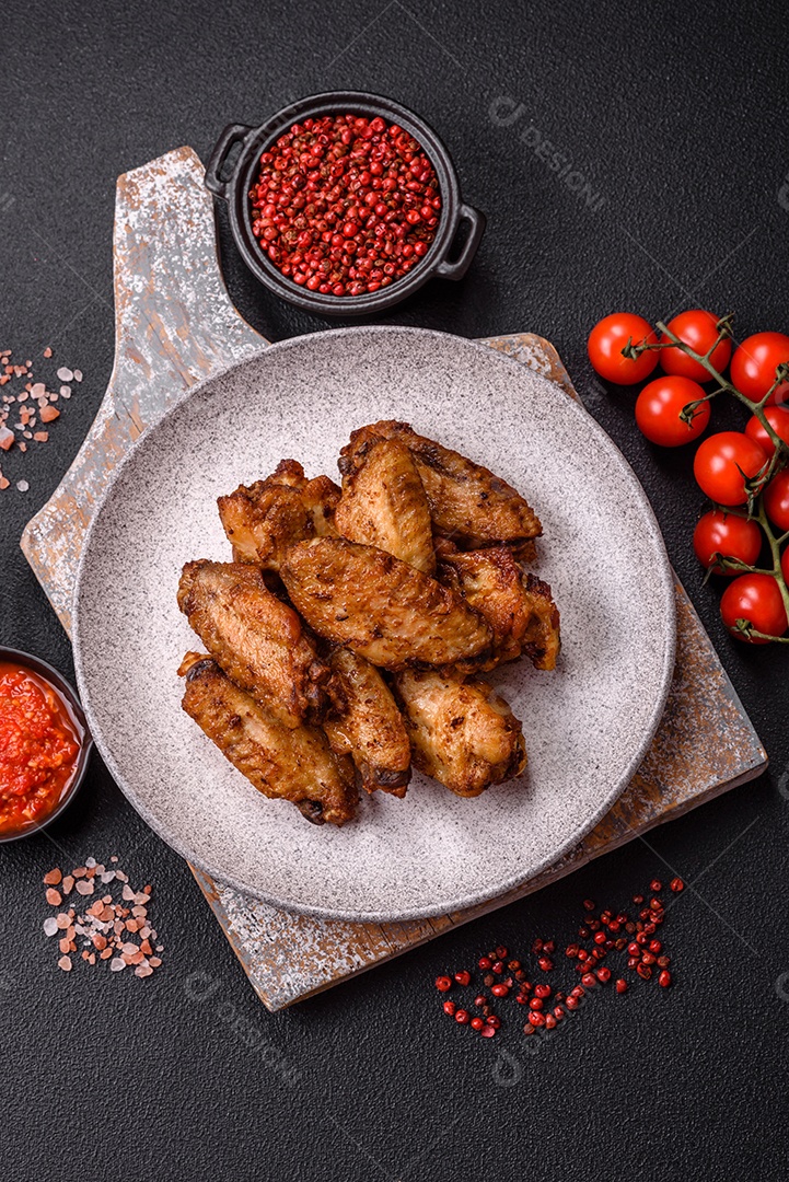 Asas de frango assadas saborosas em uma mesa de concreto