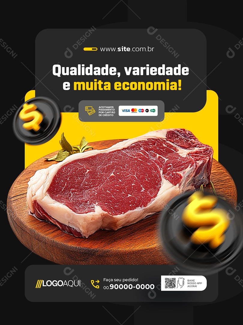 Mercado Açougue Qualidade Variedade e Muita Economia Social Media PSD Editável