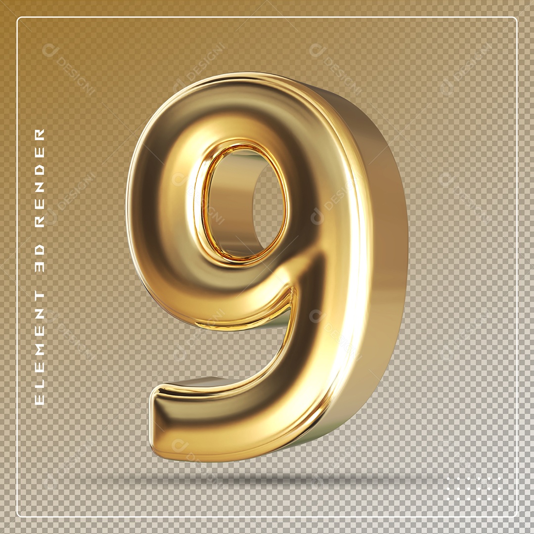 Elemento 3D Número 9 Dourado para Composição PSD