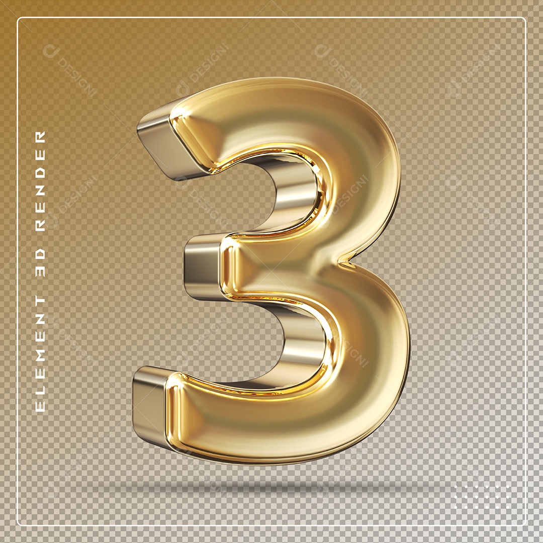 Elemento 3D Número 3  Dourado para Composição PSD