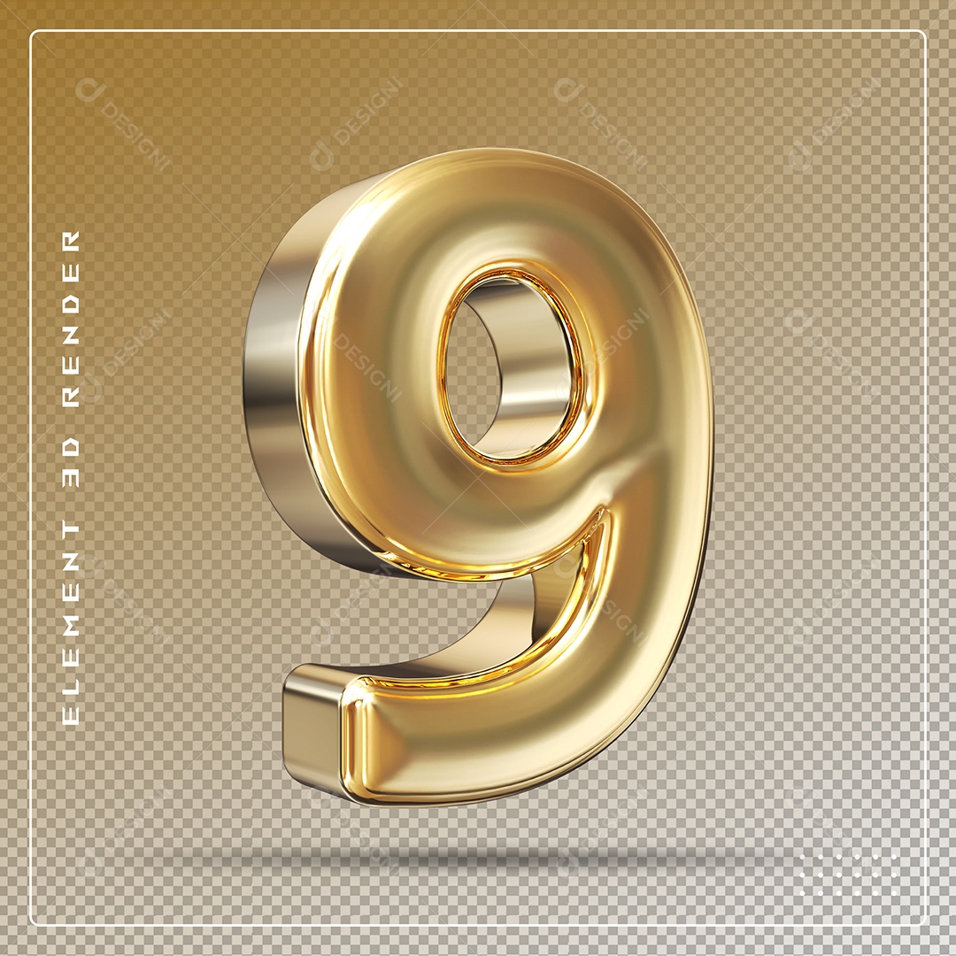 Elemento 3D Número 9 Dourado para Composição PSD
