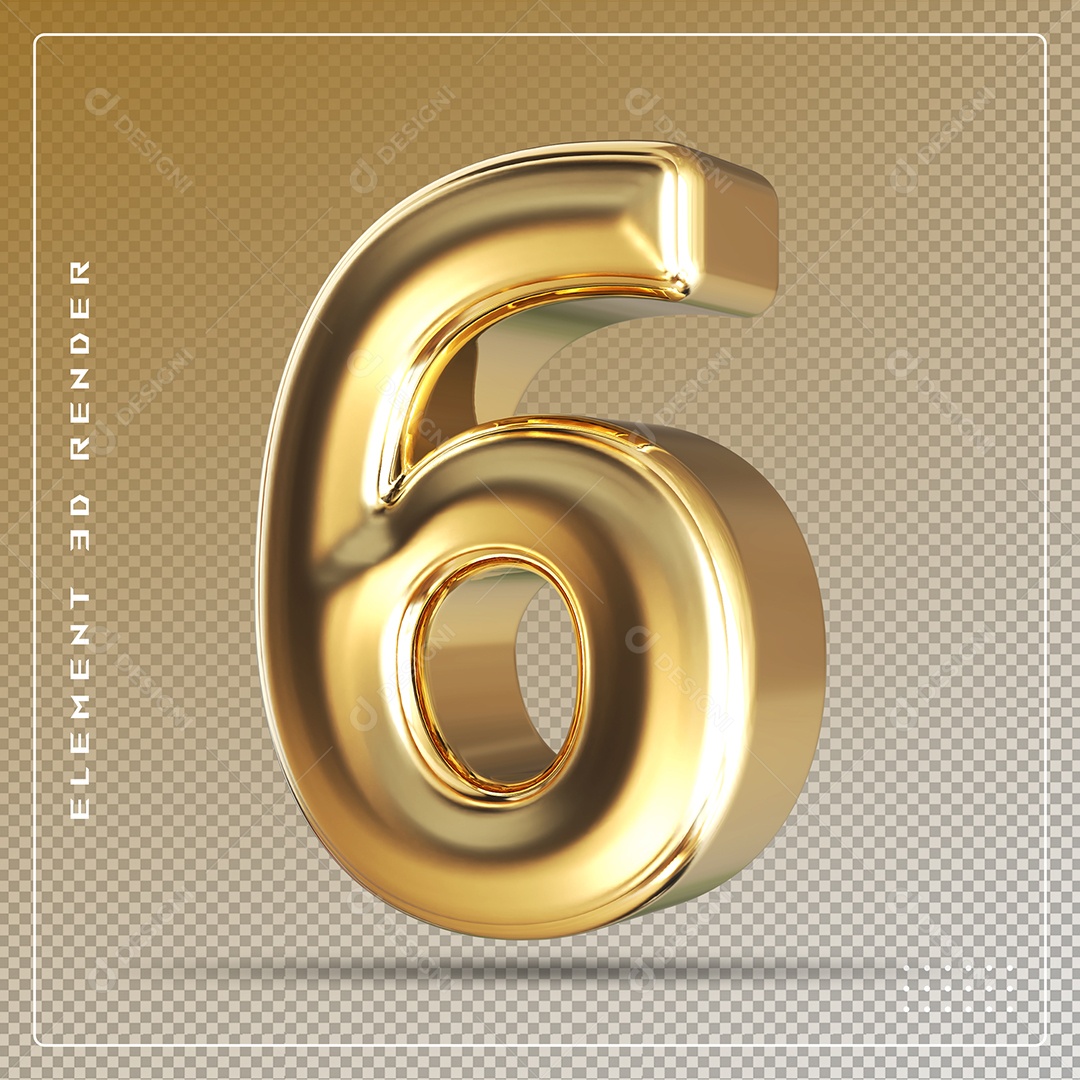 Elemento 3D Número 6  Dourado para Composição PSD