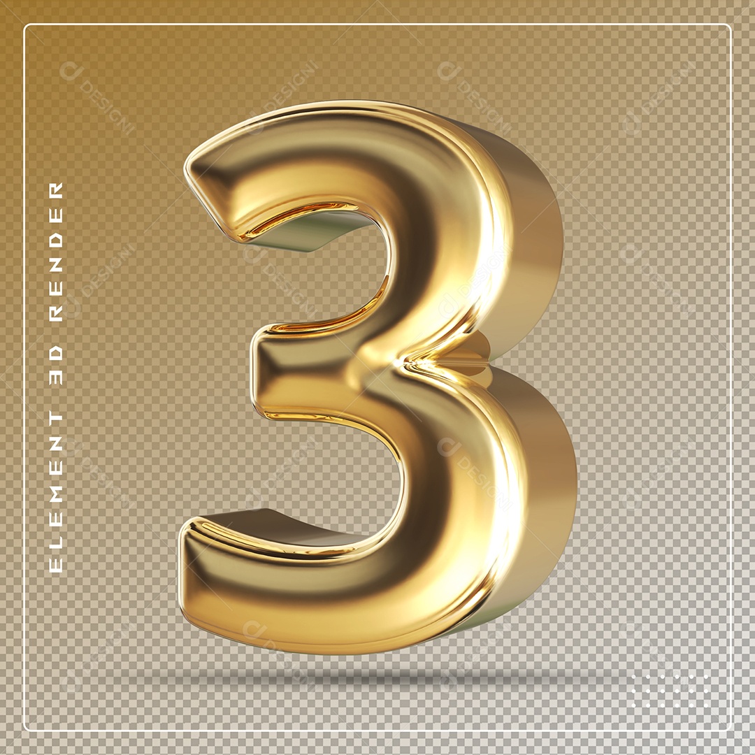 Elemento 3D Número 3 Dourado para Composição PSD