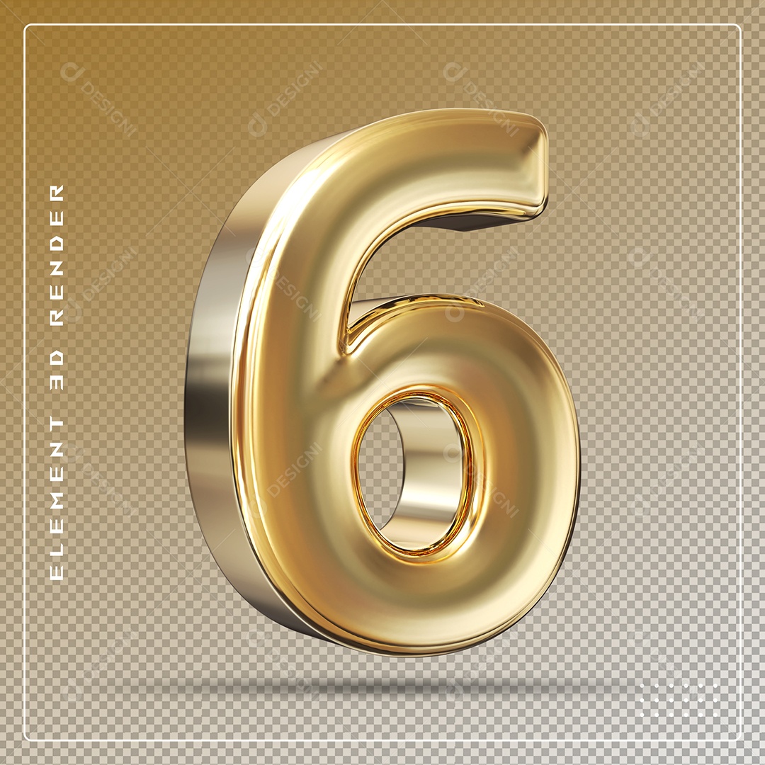 Elemento 3D Número 6 Dourado para Composição PSD