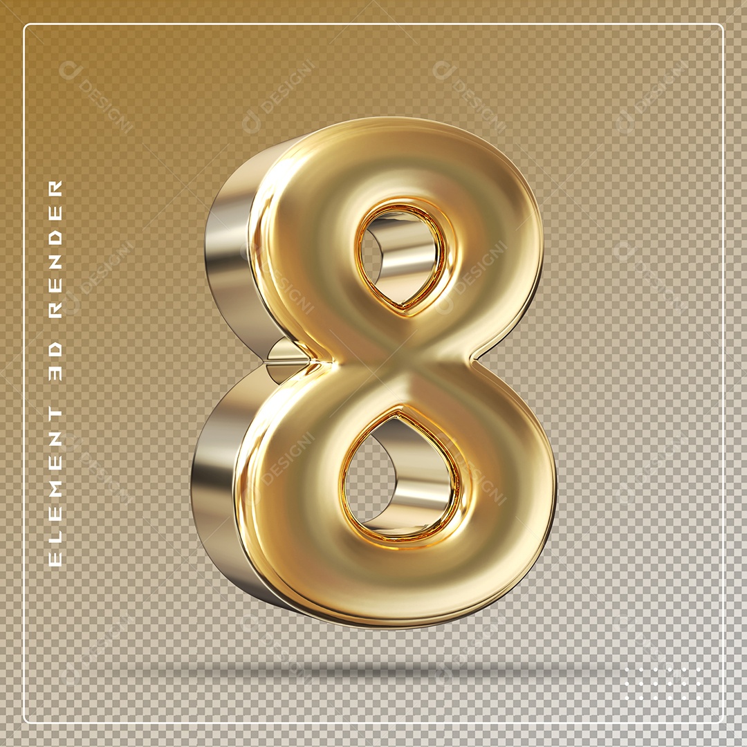 Elemento 3D Número 8 Dourado para Composição PSD