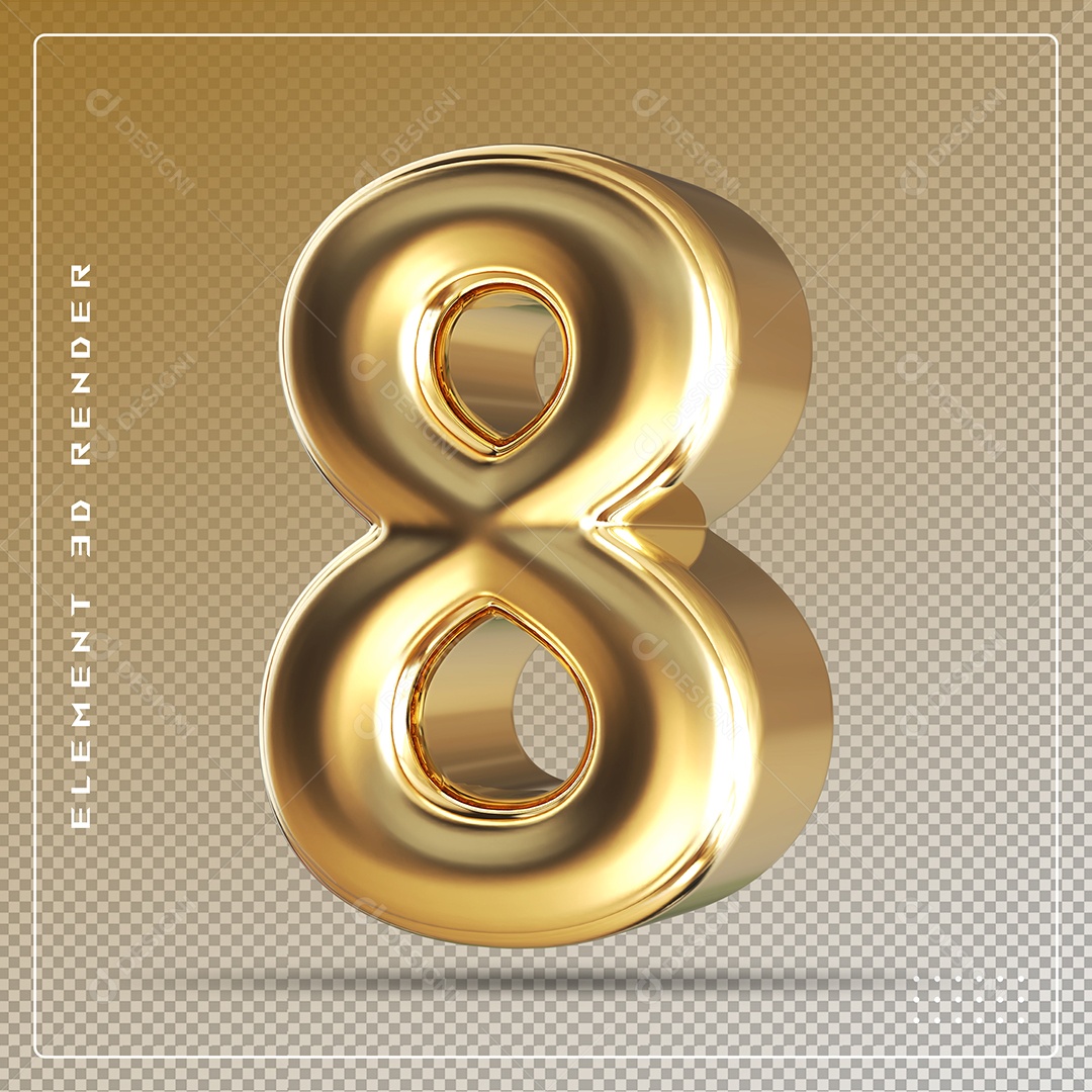 Elemento 3D Número 8 Dourado para Composição PSD