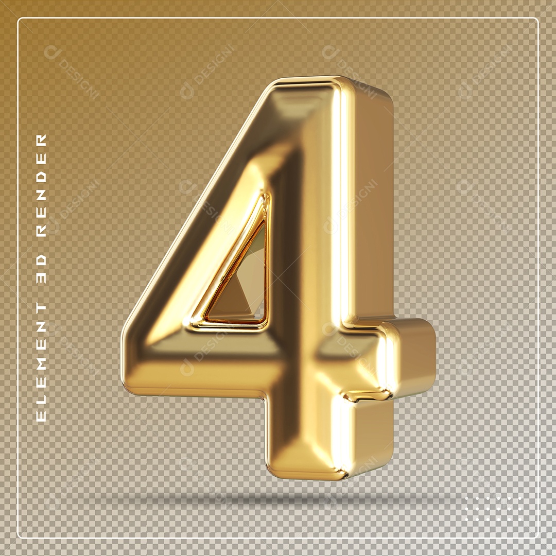 Elemento 3D Número 4 Dourado para Composição PSD