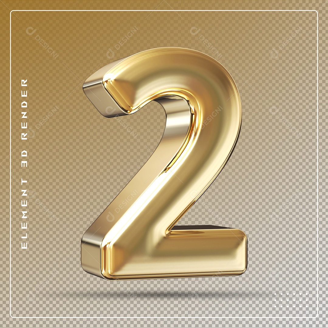 Elemento 3D Número 2 Dourado para Composição PSD