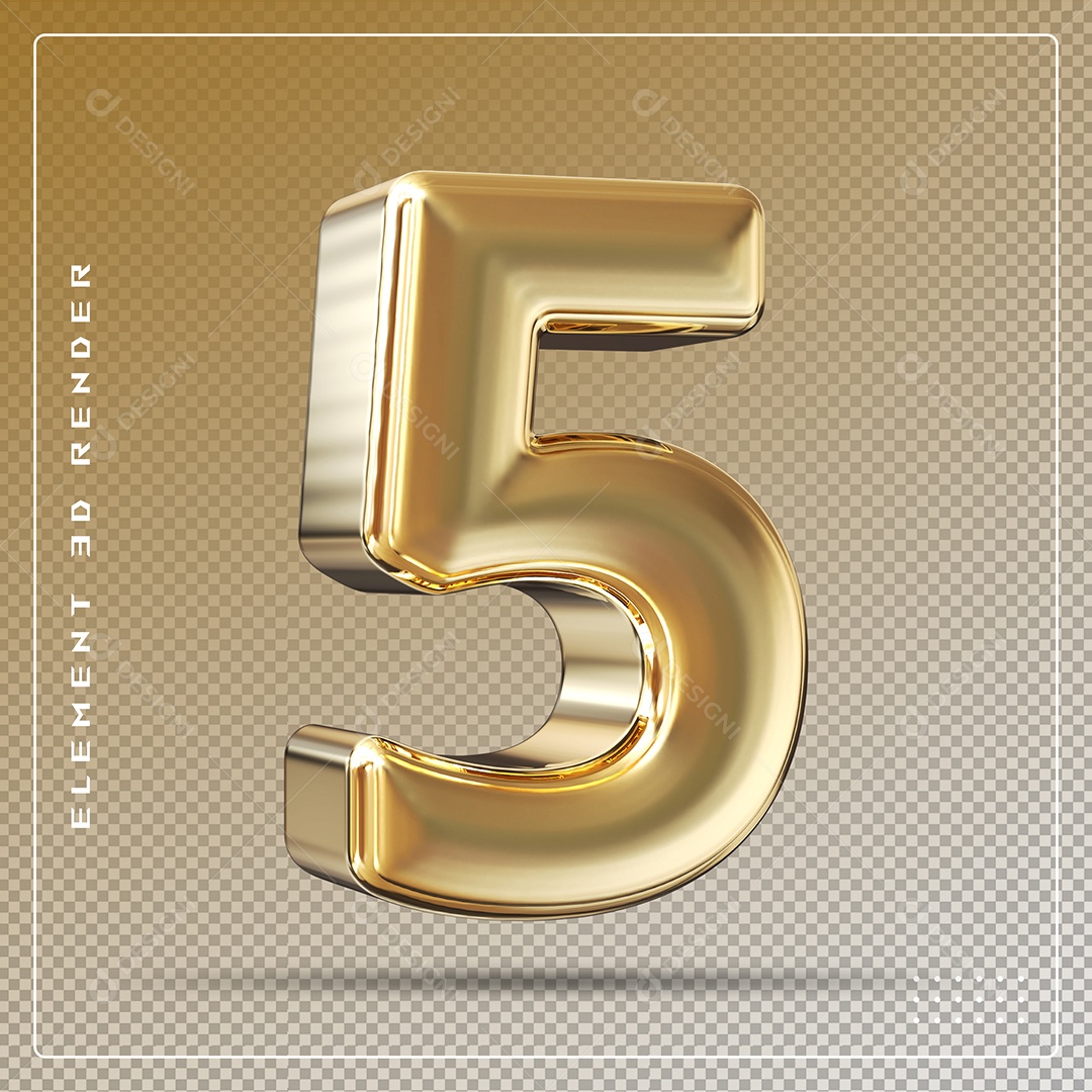 Elemento 3D Número 5 Dourado para Composição PSD
