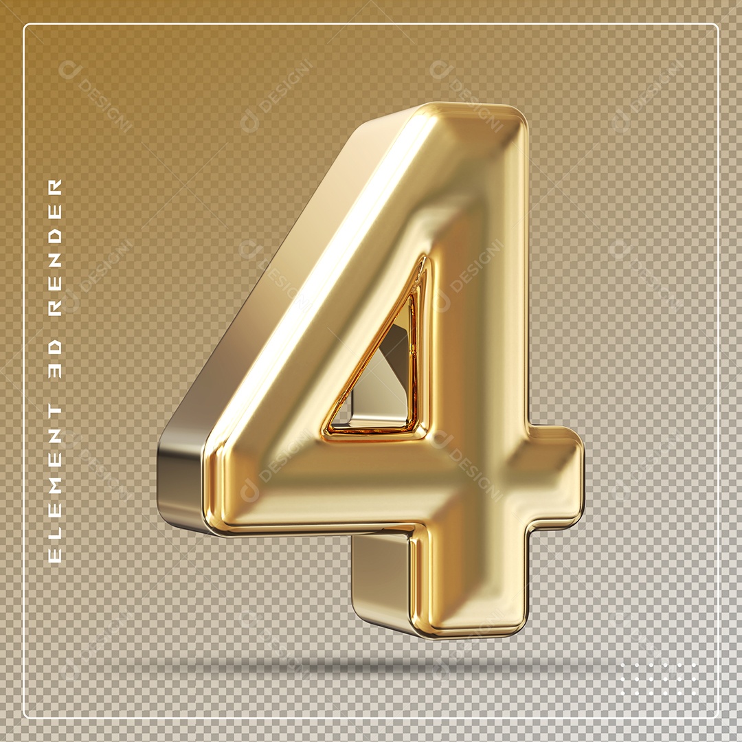 Elemento 3D Número 4  Dourado para Composição PSD