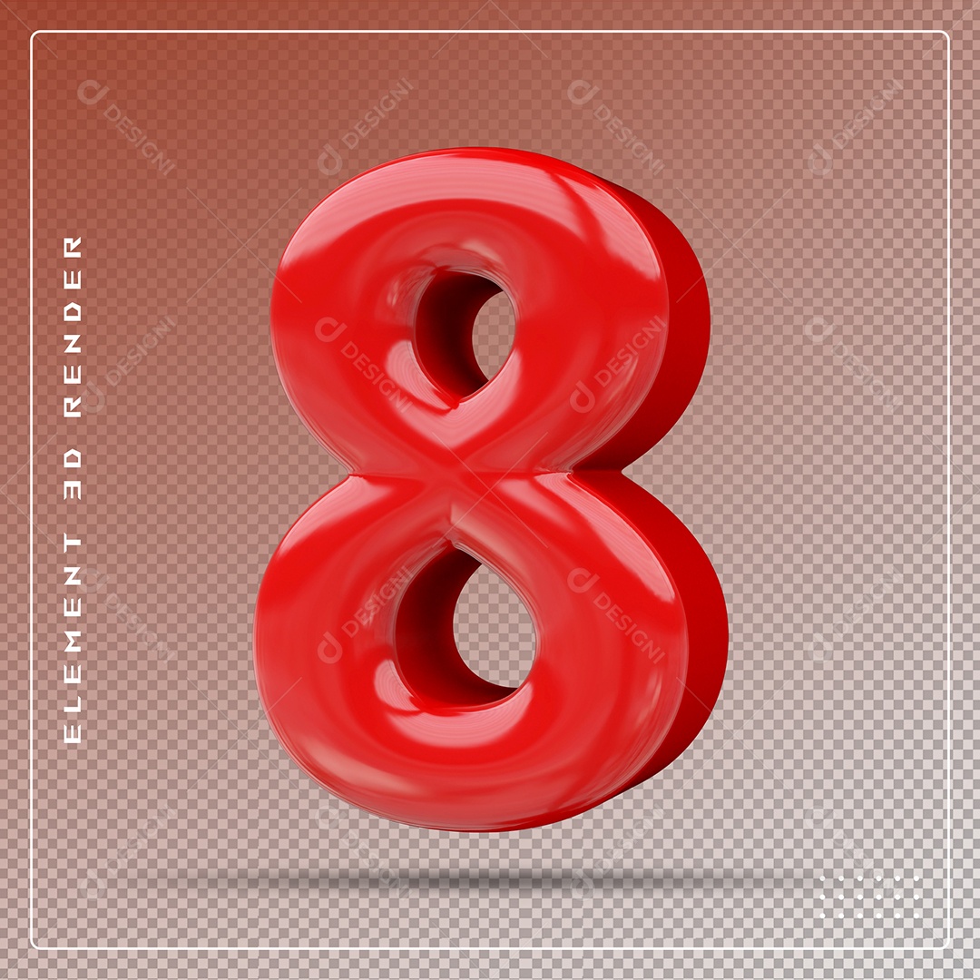 Elemento 3D Número 8 Vermelho para Composição PSD