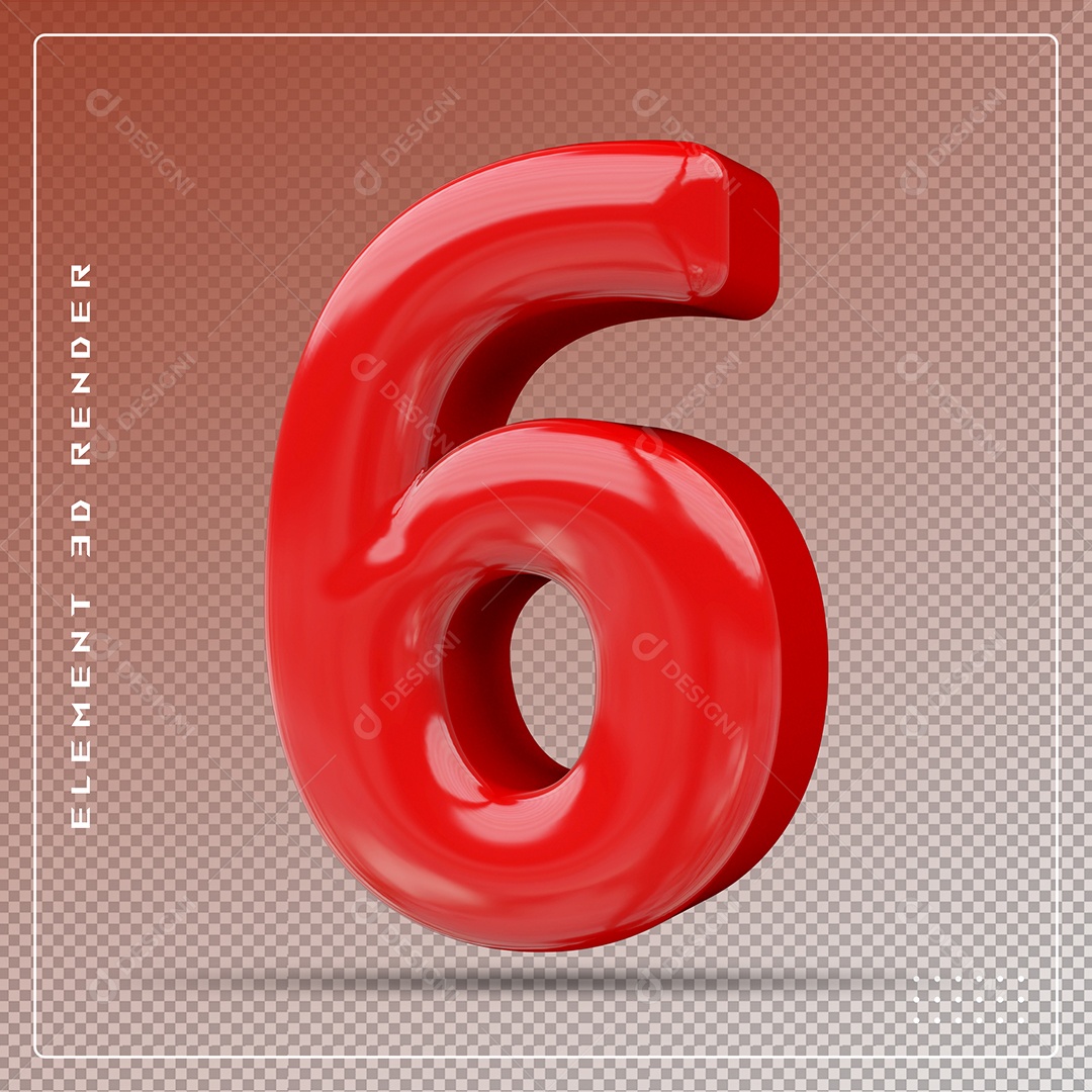 Elemento 3D Número 6 Vermelho para Composição PSD