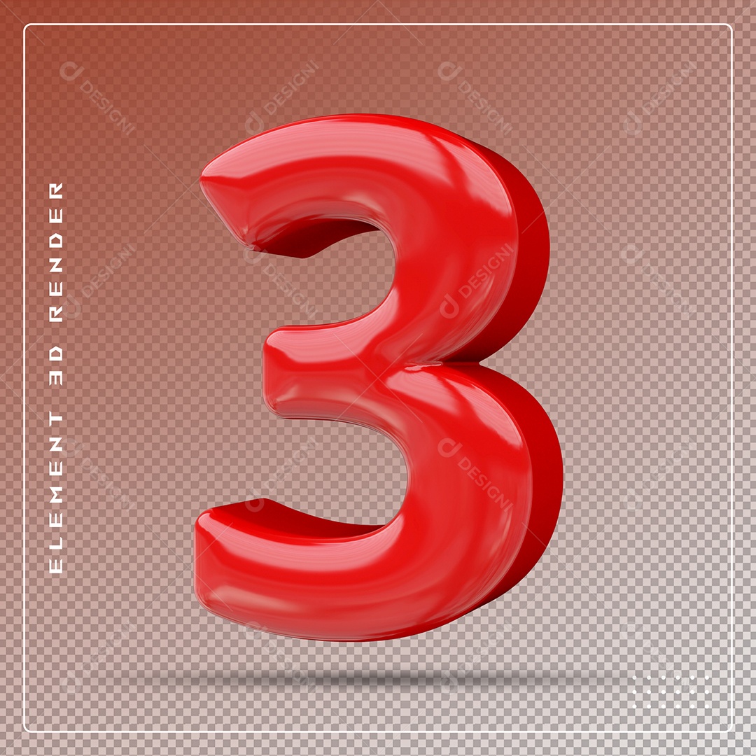 Elemento 3D Número 3 Vermelho para Composição PSD