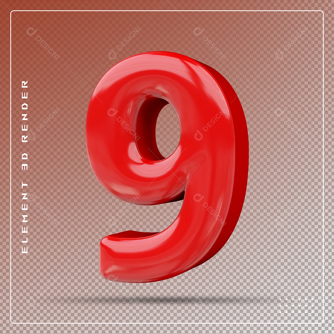 Elemento 3D Número 9 Vermelho para Composição PSD