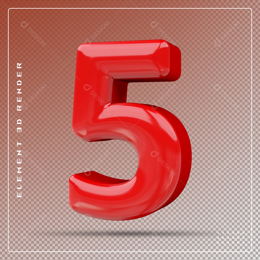Elemento 3D Número 5 Vermelho para Composição PSD