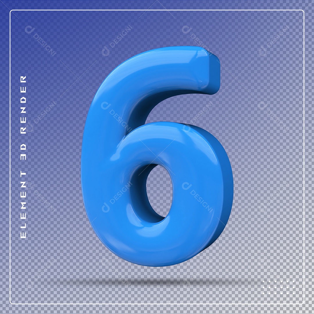 Elemento 3D Número 6 Azul para Composição PSD