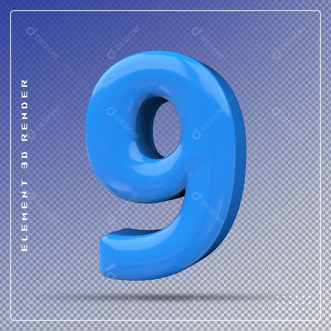 Elemento 3D Número 9 Azul para Composição PSD