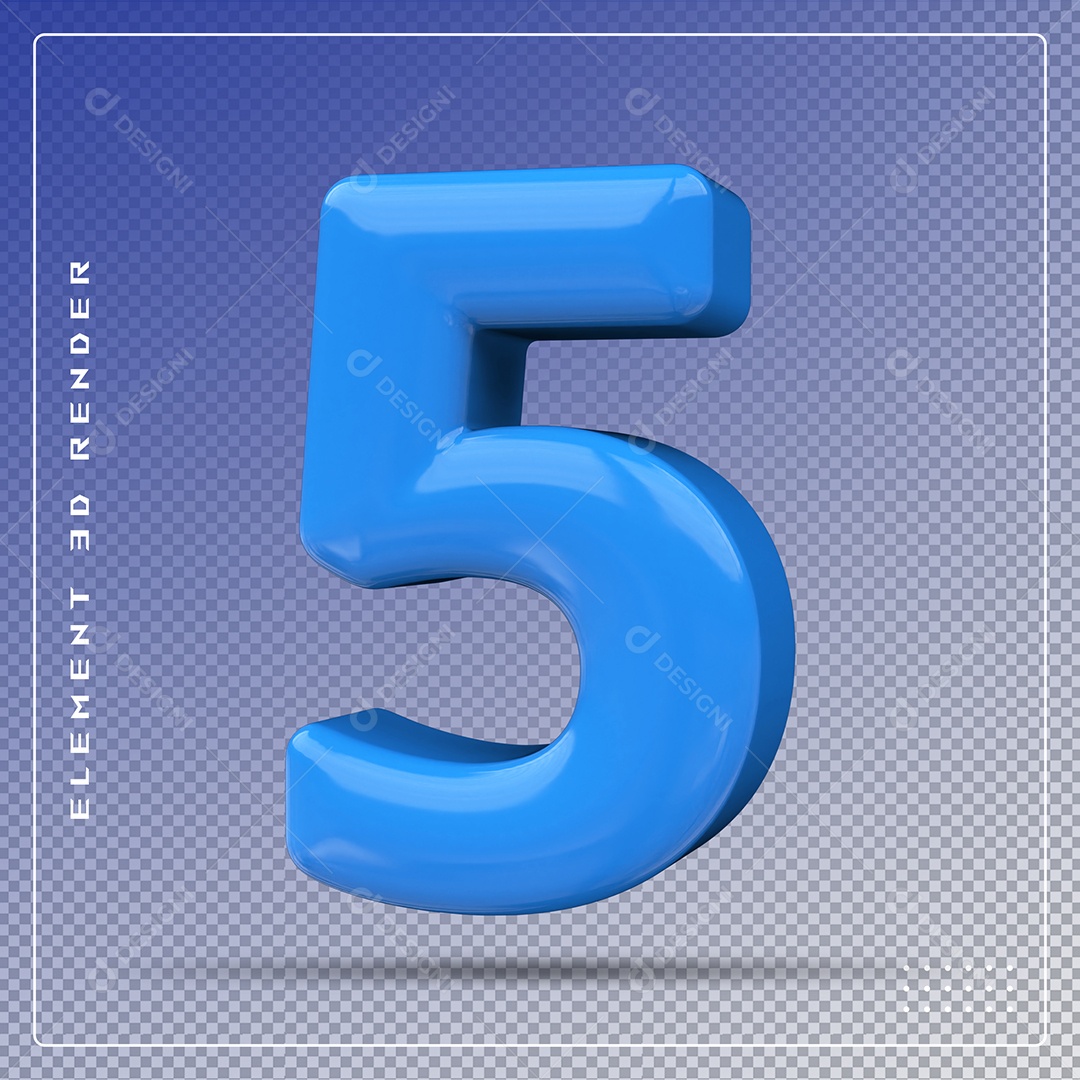 Elemento 3D Número 5 Azul para Composição PSD