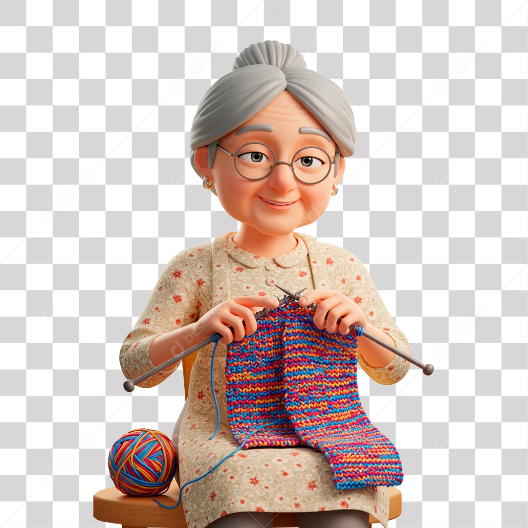 Personagem Mulher Idosa Fazendo Tricô PNG Transparente