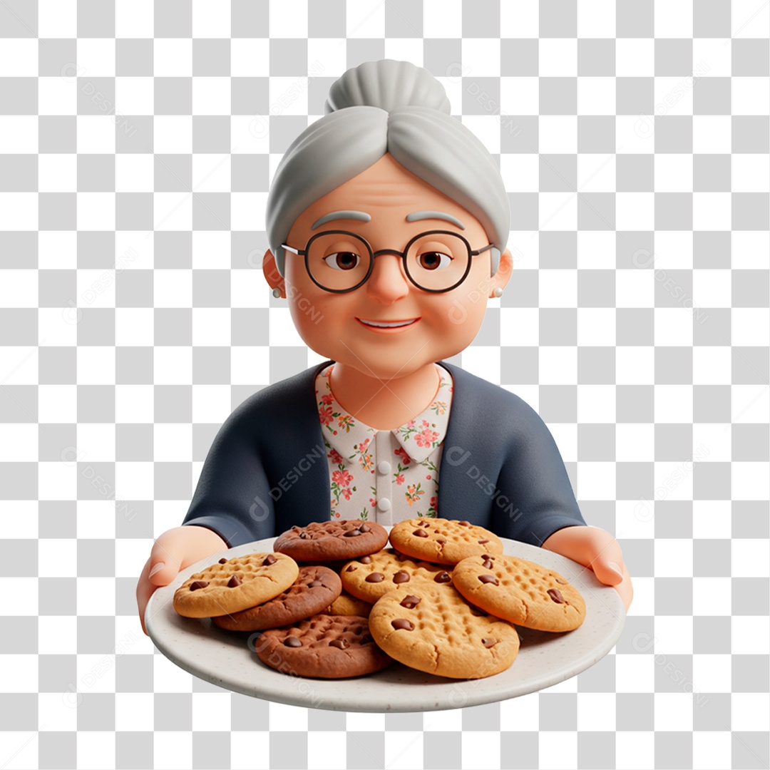 Personagem Mulher Idosa Segurando Bandeja de Biscoito PNG Transparente