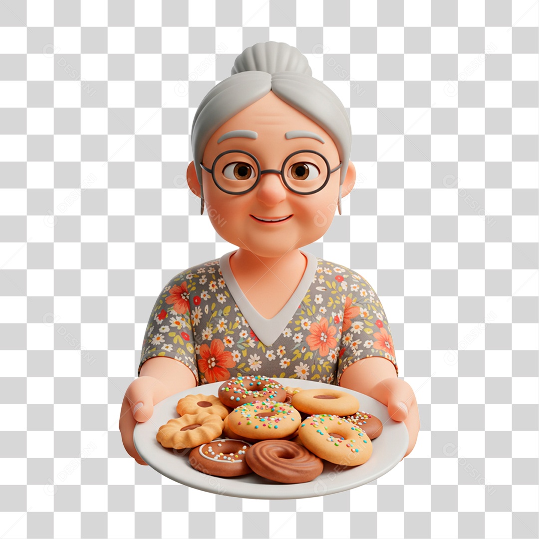 Personagem Mulher Idosa Segurando Bandeja de Biscoito PNG Transparente