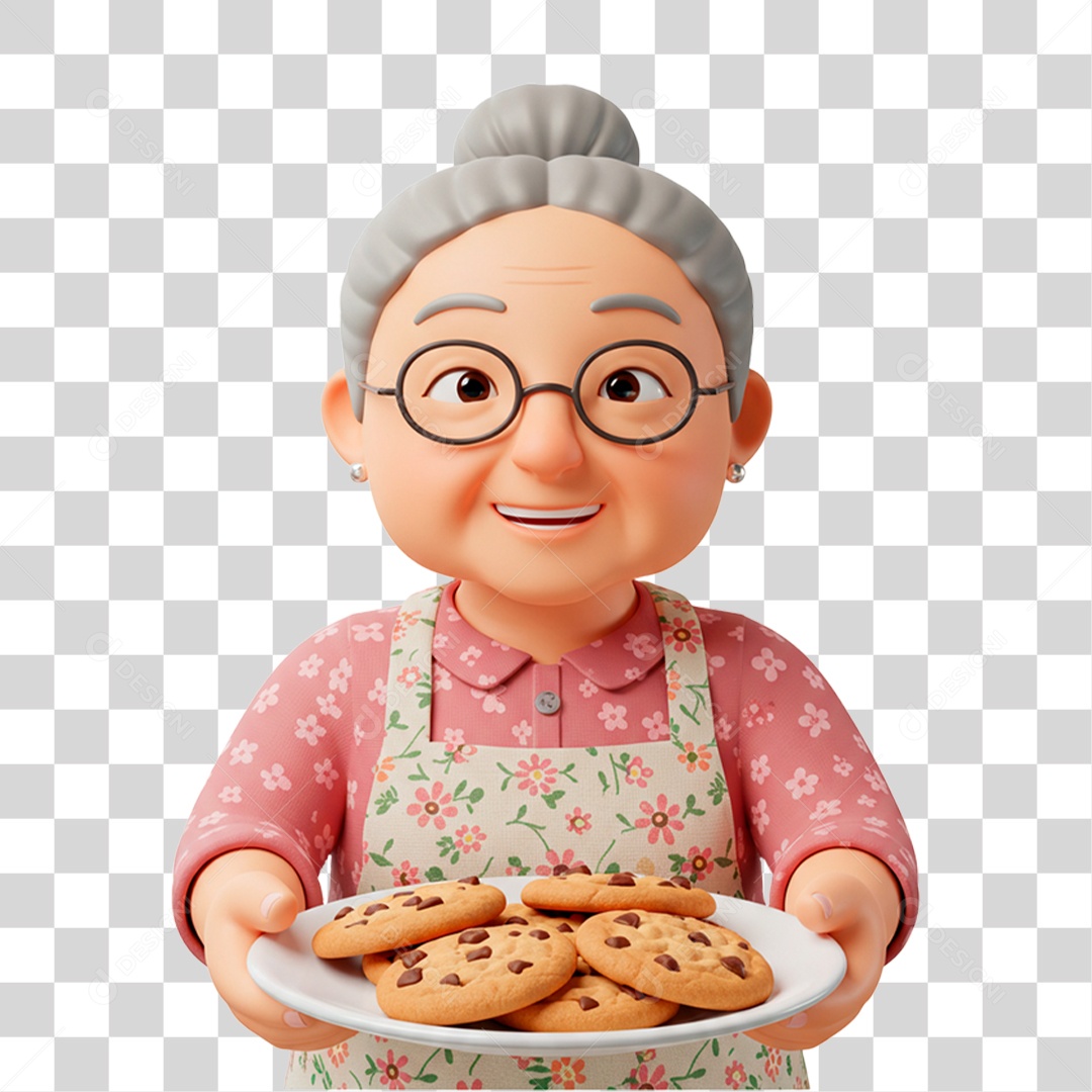 Personagem Mulher Idosa Segurando Bandeja de Biscoito PNG Transparente
