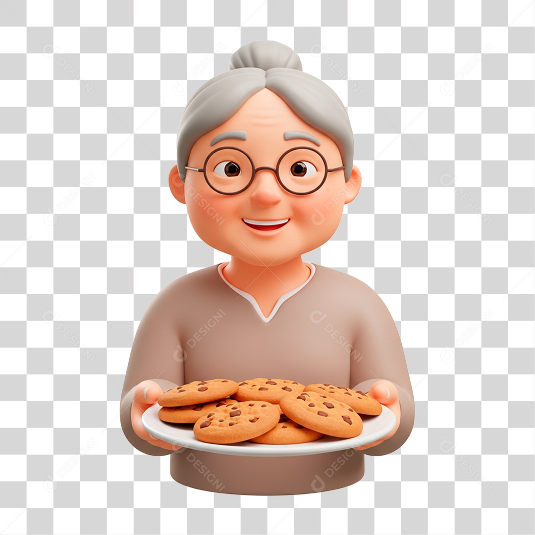 Personagem Mulher Idosa Segurando Bandeja de Biscoito PNG Transparente
