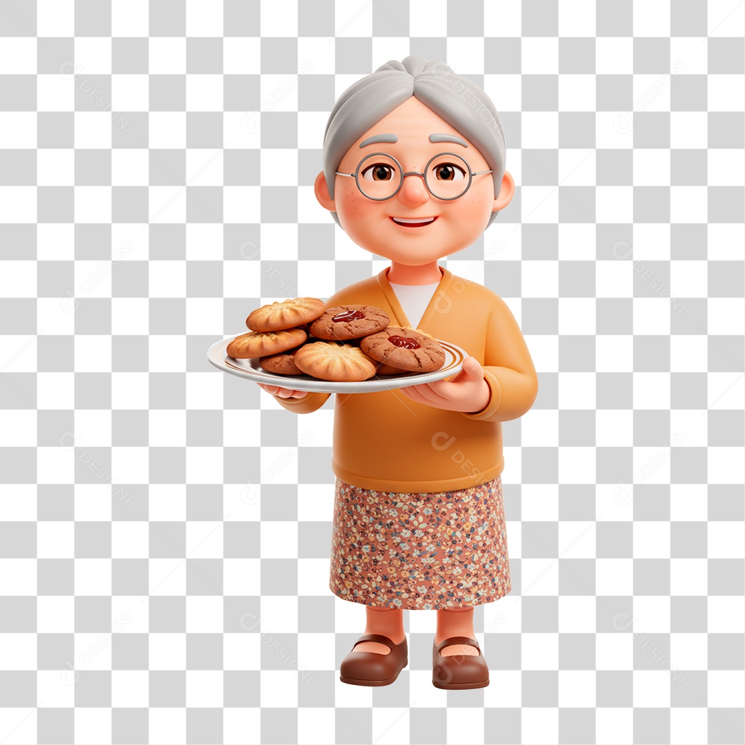 Personagem Mulher Idosa Segurando Bandeja de Biscoito PNG Transparente